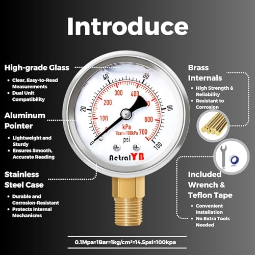 2 Inch Dial Pressure Gauge, 100Psi, Bottom Mount, 2 Pack