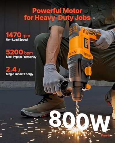 VEVOR 1 Inch SDS-Plus Rotary Hammer Drill, 8 Amp Corded Drills, Heavy Duty Chipping Hammers w/Safety Clutch, Electric Demolition Hammers, Taladro Rotomartillo, Power Tool For Concrete - size: 1 in