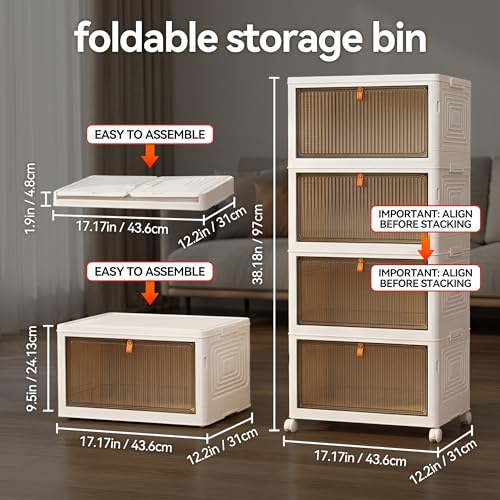 LDQ 136Qt Large Storage Bins with Lids, 4 Tier Stackable Storage Cabinet with Wheels & Clear Doors, Foldable Plastic Closet Organizer for Bedroom, Bathroom & Kitchen - size: 4 layers