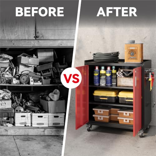 COFaR Red & Black Rolling Garage Tool Cabinet with Wheels, Lockable - color: Red & Black, size: 35"h Without Drawer