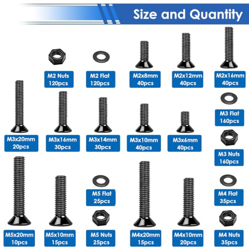 smseace 1020Pcs Black Nuts and Bolts Assortment Kit 21-Sizes M2/M3/M4/M5 Phillips Flat Head Machine Screws Nut Bolt Washer Assortment Kit for Machinery, Furniture, Automotive, Motorcycle Repairs - color: Black, size: 1020Pcs M2-M5