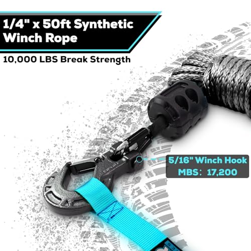 1/4" x 50ft Synthetic Winch Rope Cable Kit, 10000LBS Winch Rope with Protective Sleeve + Forged Winch Hook + Rubber Stopper and Safety Pull Strap for ATV UTV (Gray) - color: gray, size: 1/4"x50ft