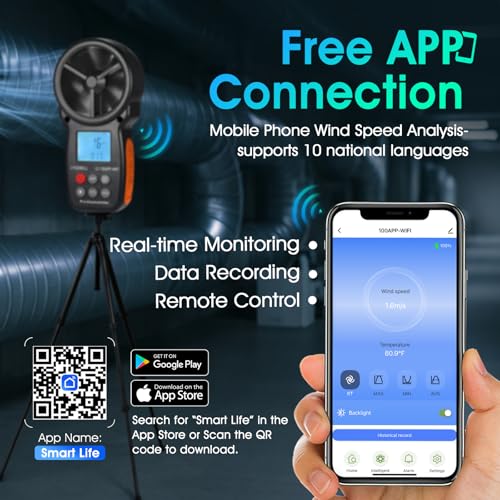 WiFi Anemometer Handheld, Digital HVAC Outdoor Wind Meter with Samrt APP