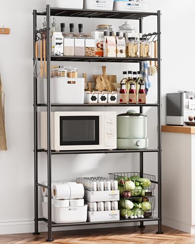 Sakugi Storage Shelves - 5-Tier Large Capacity Shelf Organizer with Hooks, Heavy-Duty Garage Shelving with Leveling Feet, Wobble-Free Rack for Bedroom, Balcony, Garage, 32.1"×12.4"×71.4", Black - color: Black, size: 32.1W×12.4D×71.4H(5T)
