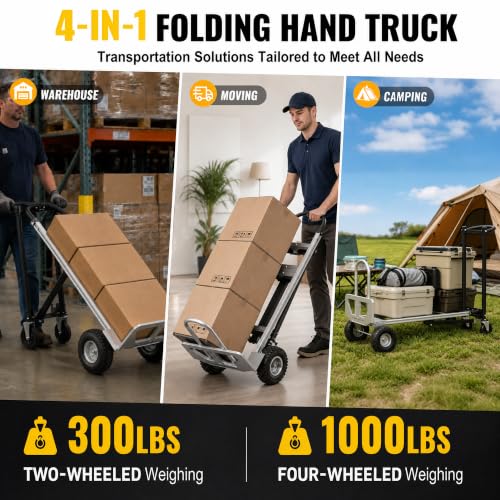 4 in 1 Folding Hand Truck, 1000lbs Capacity Dolly Cart Industrial Convertible Heavy Duty with Retractable Handle and 4 Rubber Wheels, Collapsible Cart for Moving Home, Office, Warehouse Black - color: Silver+black-1000
