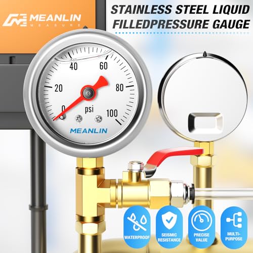 MEANLIN MEASURE 0~100Psi Stainless Steel 1/8" NPT 1.5" FACE DIAL, Glycerin Filled Pressure Gauge, Liquid Filled, Water Oil Air, Lower Mount, with 1/4" NPT and 3/8" NPT Hex Bushing - size: 0-100Psi