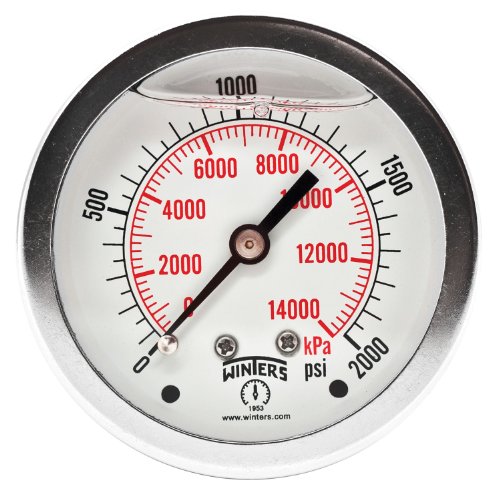 Winters 2-1/2" Dial Size, Liquid Filled Industrial Pressure Gauge, Brass Internals, Stainless Steel Case, Dual Scale 0-2,000 psi/kPa, 1.5% Acc, 1/4" NPT Back Mount, Glycerin Filled Pressure Gauge - style: 0/2,000 PSI/kPa