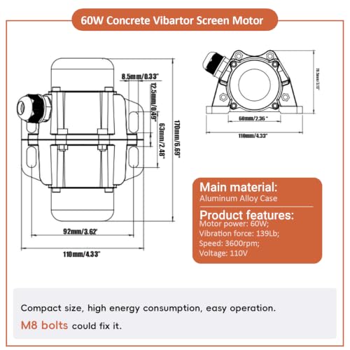 Concrete Vibrator Motor, 60W, 3600rpm, Speed Adjustable, Aluminum Alloy Case, 110V AC with US Plug, Concrete Vibrating Motor for Shaker Table
