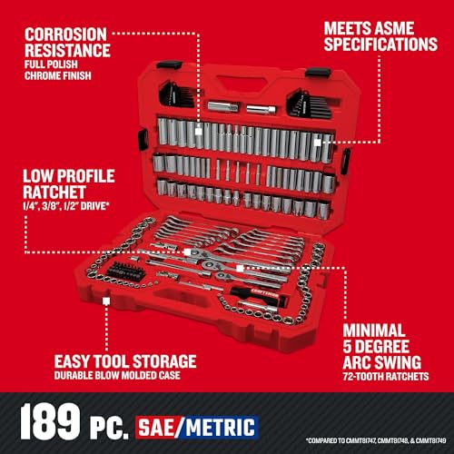 CRAFTSMAN 189 Piece Mechanics Tool Set, 1/4, 3/8 and 1/2 Inch Drive Socket Wrench Set with Thinner Ratchet, Steel 6 and 12-Point Sockets, Wrenches, Hex Keys and Specialty Bits, 90-Tooth (CMMT12134) - style: New 189 Piece Set