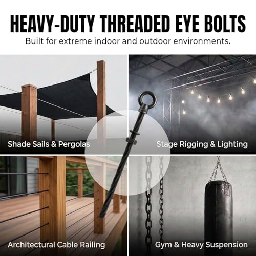 5 Pack Extra Long Black Eye Bolts 1/4" x 6 Inch with Nuts & Washers, Heavy Duty T316 Stainless Steel Threaded Lifting Eye Bolt, Marine Grade Shoulder Eyebolts for 4x4 Post & Wall - size: 1/4'' x 6inch