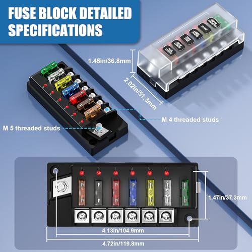 12V/24V 6-Circuit Waterproof Marine Fuse Box with LED Indicator, ATO Blade Fuse Block for Automotive, Marine, Truck, Car, Boat, RV - size: 6 Way Fuse Box