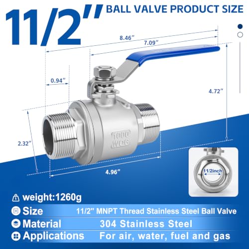 1-1/2 Inch NPT Ball Valve 2 Pack, Male Full Port Shut Off Valve - size: 1-1/2 Inch