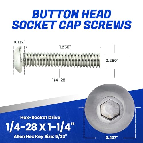 Fastenere Button Head Socket Cap Screws - 1/4-28 x 1-1/4" (25 Pack) Stainless Steel 18-8, Full Thread, Bright Plain Finish, Corrosion-Resistant, Machine Thread, Easy to Install w/Allen Socket Drive - size: 1/4-28 x 1-1/4" (25 Pack)