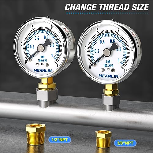 MEANLIN MEASURE 0~15Psi Dry Low Pressure Gauge Stainless Steel 1/4" NPT 2" FACE DIAL Waterproof for Water Oil Air Well Pump Tank Tire Pressure Test Lower Mount, with 1/2" NPT and 3/8" NPT Hex Bushing - size: 0-15Psi