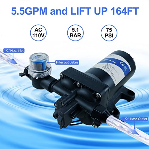 Tdrsuper Water Pressure Booster Pump, 110V AC Water Diaphragm Pump, 5.5GPM 75PSI with Power Plug, Self Priming RV Water Pump for Home Kitchen Bathroom RV Marine Yacht Garden Hose Black - style: 110V 5.0GPM 70PSI