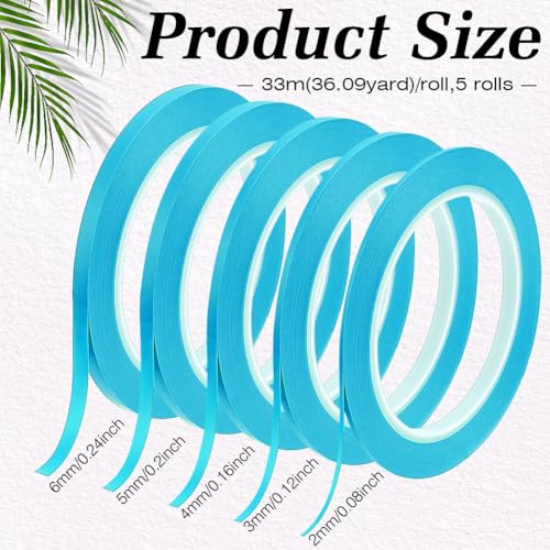 BENECREAT 5 Rolls 5 Styles Fine Line Tape, High-Temp PVC Fine Line Fineline Masking Tape, Automotive Paint for Curves Cyan, 1/13, 1/8, 5/32, 1/5, 1/4 Inch - color: Cyan