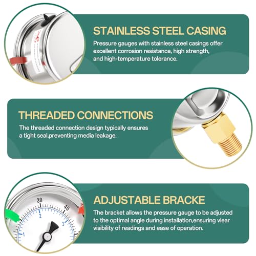 0-60Psi Stainless Steel Dry Low Pressure Gauge 1/8" NPT 2" Dual Scale Dial, Lower Mount, Waterproof for Water Oil Air Well pump, compressors, Tire Gas Pressure Test (with Range Mark Pointer) - size: 0-60Psi, style: Lower Mount(1/8"NPT)