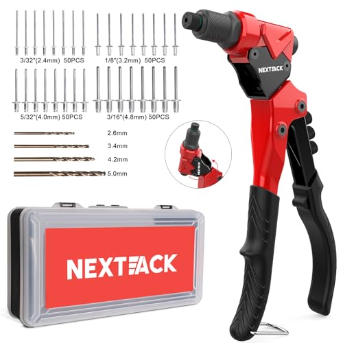 NEXTACK HD Pop Rivet Gun Tool Kit, 4 Drill Bits & 200 Blind Rivets - size: Single Hand Rivet Gun w/200 rivets