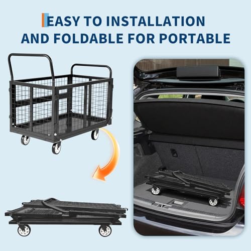 Heavy Duty Platform Truck Cart with Cage, 39" x 24" Hand Moving Cart 2000 Lbs Capacity, Multi-Functional Folding Cage Cart with Basket for Warehouse, Luggage Moving, Black - color: Black