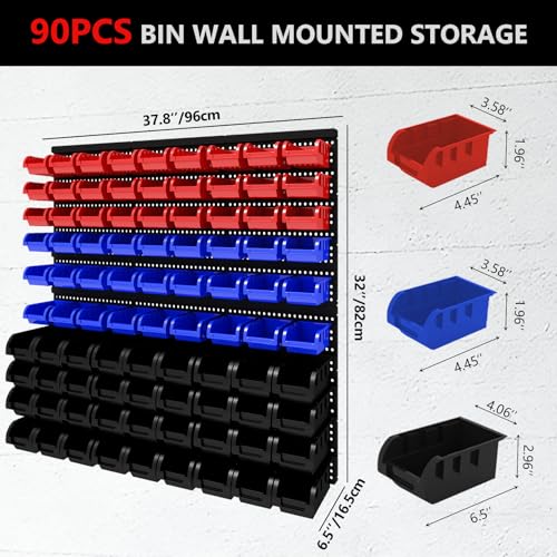 90Pcs Plastic Wall Mounted Storage Bins Parts Rack Nuts And Bolt Bins Organizer For Shop Garage for Screws, Nuts, Bolts, Nails, Beads, and Small Hardware Parts,Red,Blue,Black - color: Red+Blue+Black, size: 90