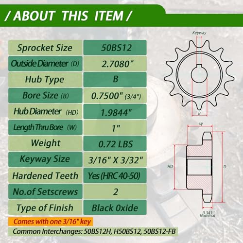 #50 Roller Chain Sprocket 12 Tooth 3/4" Bore (3/16" Keyway) Black Oxide with 2 Set Screws & Key Included for Conveyor Farm Equipment Packaging Industrial Heavy Duty Drive, Hardened Steel 50BS12-3/4 - size: 3/4 inch, style: 12tooth