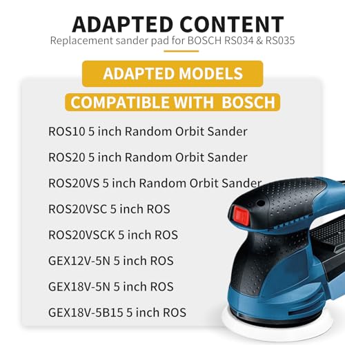 5" Hook & Loop Replacement Sander Pad RS034 & RS035 Compatible with Bosch Random Orbital Sander ROS20 ROS20VS GEX12V with 4 PCS Foam Pad & 36 PCS Sanding Discs 100 150 180 240 320 400 Grits - size: FIT RS034 & RS035