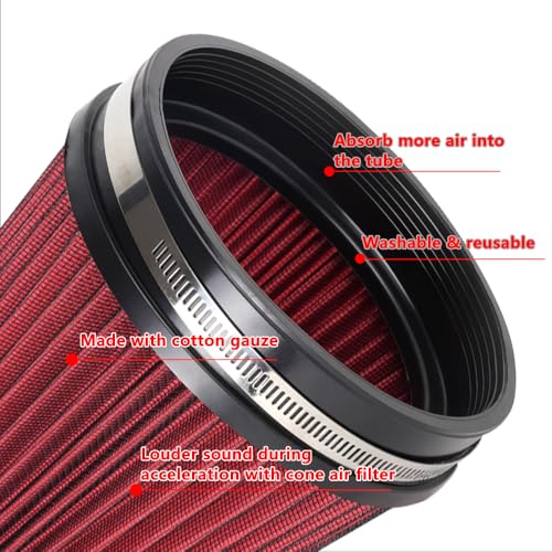 6" 152 mm High Flow Inlet Air Filter, Air Intake Cone Filter Replacement Performance Washable Clamp-On Dry, 8'' Tall(Red) - color: 8'' Tall-Red