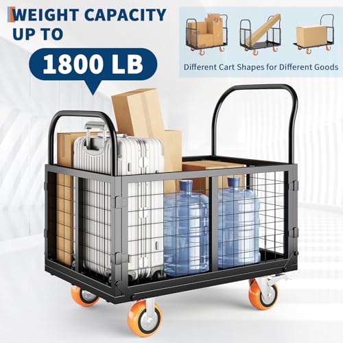 Platform Truck Cart with Cage, Multipurpose 6 in1 Foldable Flatbed Cart Heavy Duty Push Cart Dolly w/Swivel Wheels 1800Lbs Capacity Utility Hand Cart for Grocery, Laundry, Garage, Warehouse