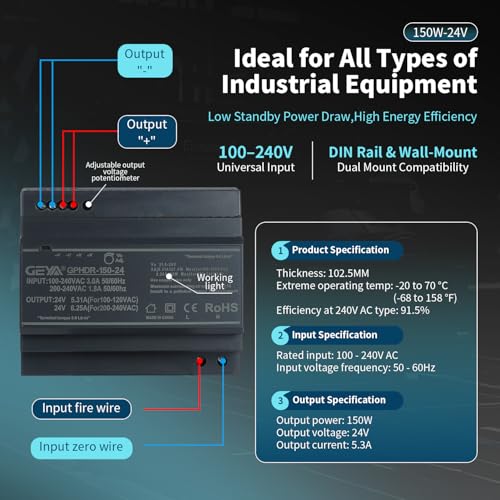 Ultra Slim Step-Shape DIN Rail Power Supply, 24V 5.31A 127.4W GPHDR-150-24 for Industrial Automation, Communication Base Stations, Data Centers and Medical Equipment - size: 127.4W-24VDC-5.31A