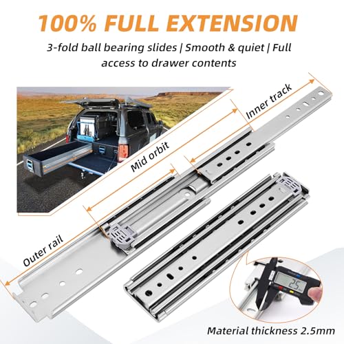 Heavy Duty Drawer Slides 12 14 16 18 20 22 24 26 28 30 32 34 36 40 44 48 52 56 60 Inch 500 Lbs Side Mount Full Extension Ball Bearing Rails Rail Tool Box Runner -W:76mm, 16 Inch - size: 16 Inch, style: Load:500 lb (No lock) -W:76mm