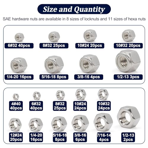 ZQZ 345Pcs SAE Hex Nut & Lock Nuts Assortment Kit (#4-1/2) Hardware Nut Set - size: SAE Hex Nuts & Locknuts Assortment;345 PCS