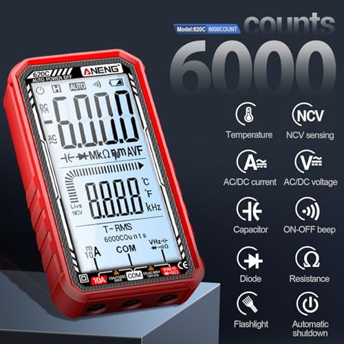 Digital Multimeter Tester, Smart Multimeter with Auto Ranging Digital Voltmeter Measures Voltage Current Resistance Continuity Capacitance Temperature for Electricians,DIY (620C Red) - color: Red, size: 620C