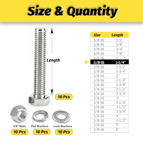 10 Sets 3/8-16x1-1/4 Bolt and Nut Set, Flat & Lock Washers Included,40PCS - size: 3/8-16x1-1/4" 10sets