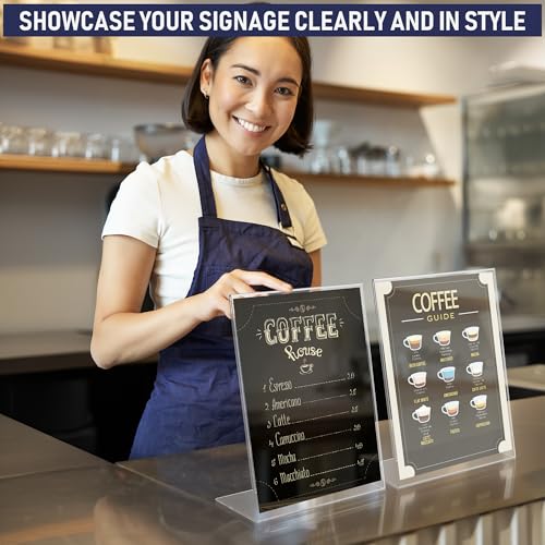 Acrylic Sign Holder 8.5 x 11, Slant Back Display Stand, A-Frame Flyer Display for Office, Menu Holder, and Table Signs. Acrylic Stands for Paper and Sign Frame, Perfect for Tabletop Use (6 Pack)