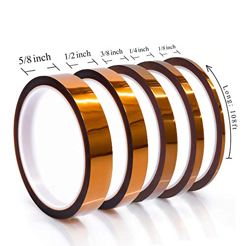 MYJOR Kapton Tape 5 Rolls Pack (1/8", 1/4", 3/8", 1/2", 5/8") - High Temp Polyimide Tape for PCB Soldering & 3D Printer Bed - Heat Resistant up to 536°F, No Residue - size: 1/8", 1/4", 3/8", 1/2", 5/8"