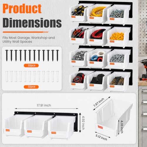 12pc Wall-Mounted Storage Organizer Set with Metal Rails White - color: White, size: V2-12Bins&4Rails