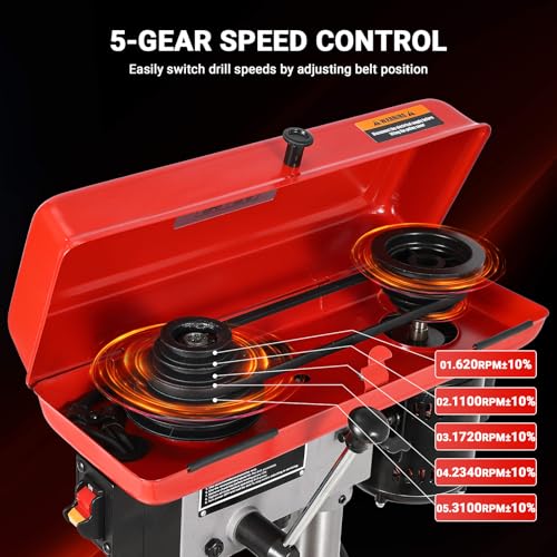 8" Benchtop Drill Press, Laser Ray (Class II Max. 1mW), Tabletop Drilling Machine with 5 Adjustable Speeds (620 to 3100 RPM), 0-45°Tilting Worktable with LED Light (1W), for Wood or Metal