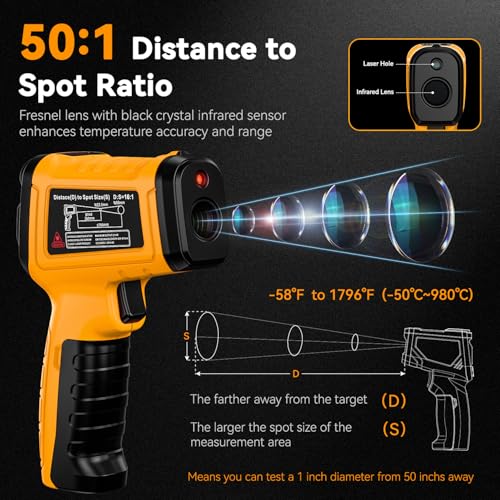 50:1 Infrared Thermometer IR Laser Gun, 1796°F Digital - color: -58°F to 1796°F/-4°F to 932°F