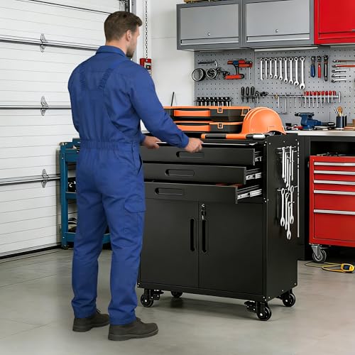 Metal Mobile Tool Storage Cabinet with 2 Locking Door and 3 Drawer - color: Black, style: 2 doors 3 drawer with wheels