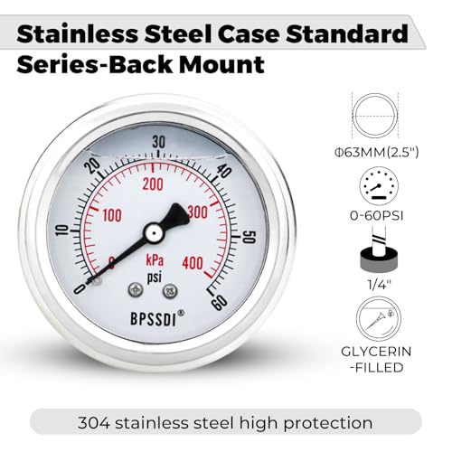 0-60 Psi Glycerin Liquid Filled Low Pressure Gauge, 2.5" Dial Size, 1/4" G Back Mount, 304 Stainless Steel Case, for Water Pipe, HVAC, Water Oil Air Pressure Test - size: 0-60 psi, style: Back Mount
