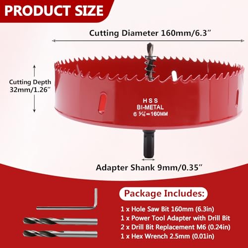 6.3 Inches/160mm Bi-Metal Hole Saw with Pilot Bit & Arbor - color: Red, size: 6.3 inches