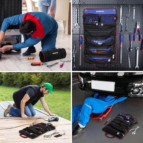 WORKPRO Roll Up Tool Bag, Tool Roll Organizer with 4 Pockets & 2 Pouches - color: Black
