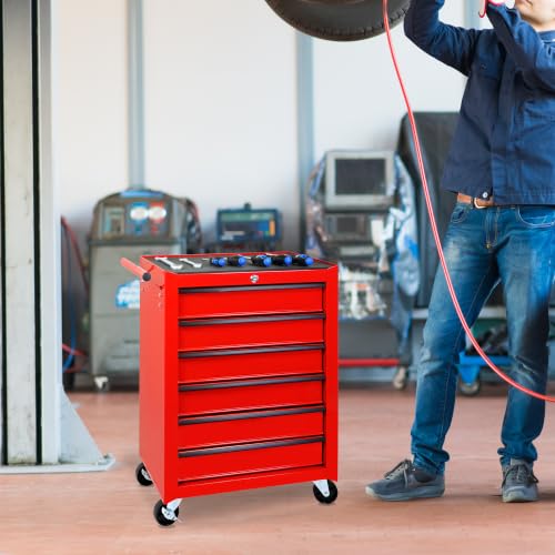 Rolling Metal Tool Chest with 6 Drawers – 20" Steel Tool Cabinet with Ball Bearing Slides, Lockable Storage Organizer for Garage & Workshop – Red - color: Red-6