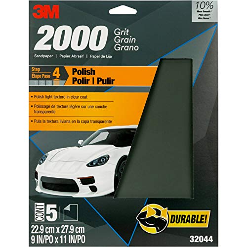 3M Wetordry™ Sandpaper, 2000 Grit, 9 in x 11 in, 5 Sheets, Use for Wet and Dry Sanding, Longer Lasting Sandpaper, Great for Auto Body Repair, Smooth Finish, Waterproof Backing for Wet Sanding (32044) - size: 9 in x 11 in