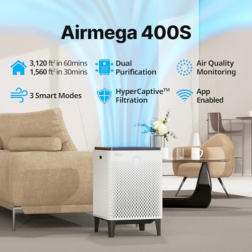 COWAY Air Purifier for Large Room Whole Home Up to 3,120ft², HEPA Filter for Smoke, Allergies, Pet Dander, Odor, App-Enabled, AQI, Smart Mode, Timer, 5yr Warranty, Airmega 400S White - style: 400S WHITE