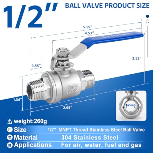 1/2 Inch NPT Ball Valve 2 Pack, Male Full Port Shut Off Valve - size: 1/2 Inch