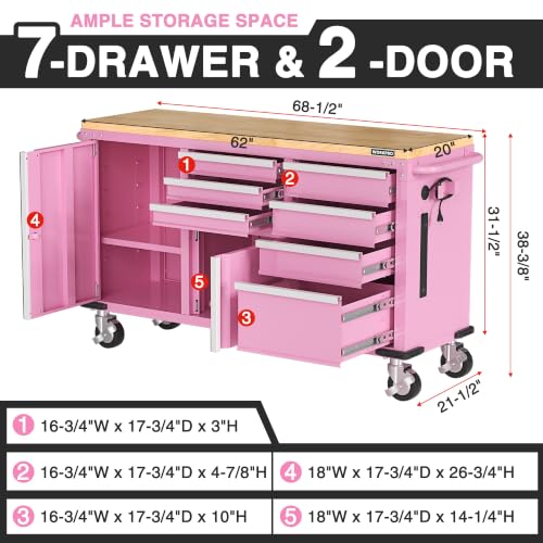 WORKPRO 62" x 20" Rolling Tool Chest, 7-Drawer & 2-Door, Pink - color: Pink, size: 62" x 20"(7-Drawer & 2-Door)