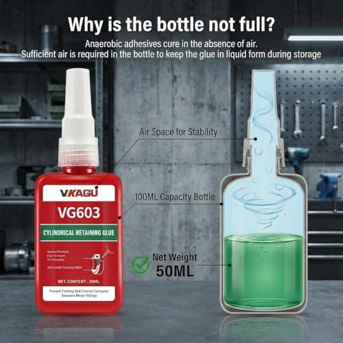 VG603 Retaining Compound, High Strength & Oil Tolerant Anaerobic Adhesive for Bearings, Shafts, and Cylindrical Assemblies, Gap Filling up to 0.005", Green, 1.69 Fl OZ - size: VG603, style: 1 Pack