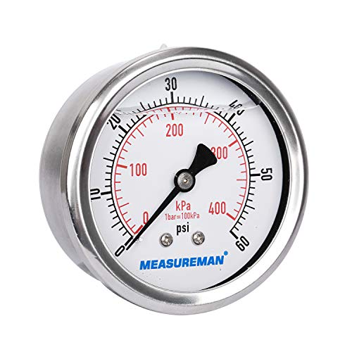 MEASUREMAN 2-1/2inch Dial Size, Liquid Filled Pressure Gauge, 0-60psi/400kpa, 304 Stainless Steel Case, 1/4inchNPT Back Mount - size: 0-60 psi, style: Back Mount