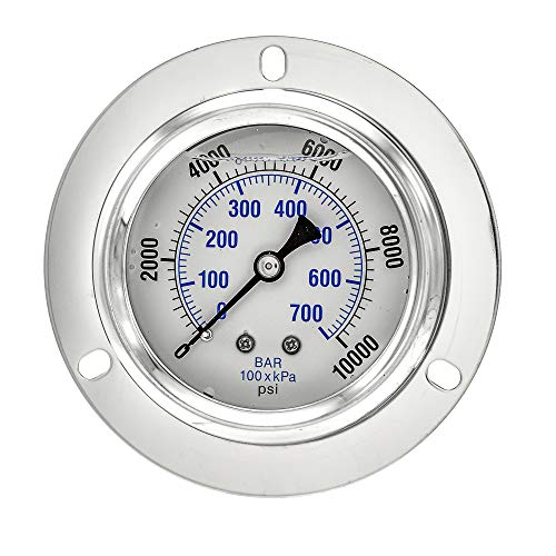 PIC Gauges PRO-204L-254U Panel Mount Front Flanged Glycerin Filled Industrial Pressure Gauge w/ SS Case, Brass Internals, Plastic Lens, 2.5" Dial, 0/10000 psi Range, 1/4" Male NPT - style: 0 - 10,000 PSI